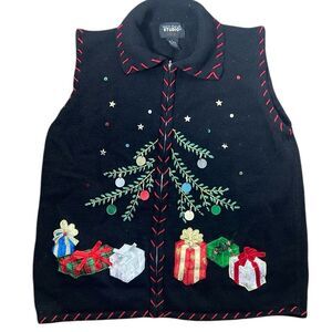 DISIGNERS ORIGINALS STUDIO SWEATER ZIP COLLARED LARGE CHRISTMAS TREE‎ GIFTS VEST